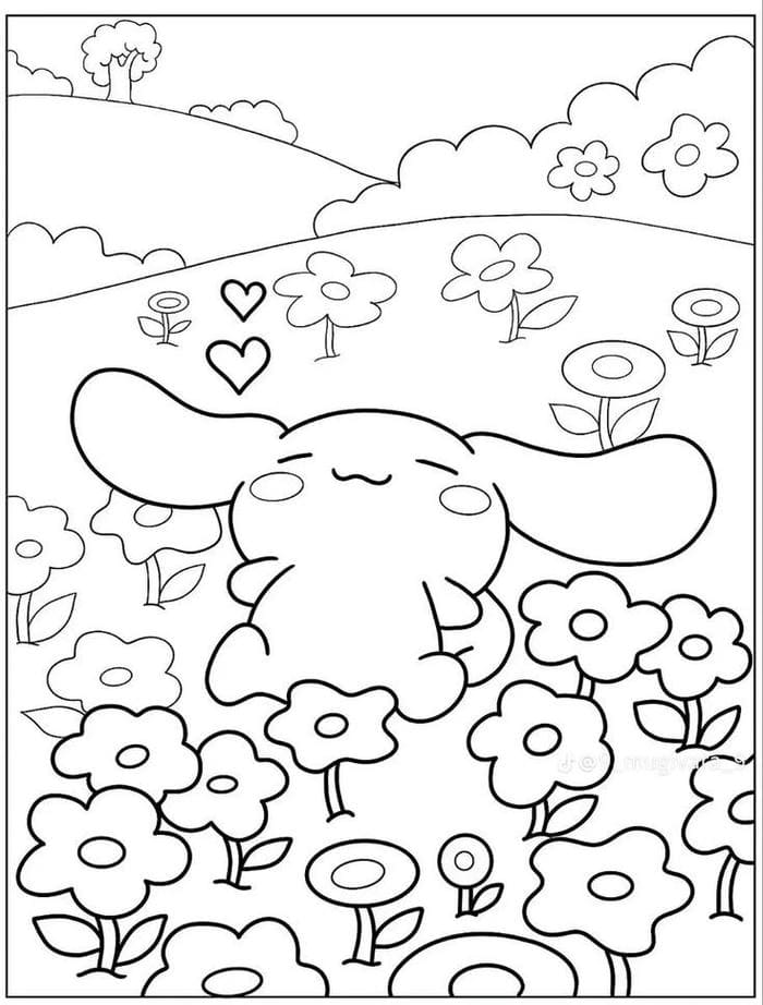 anh-tranh-to-mau-cinnamoroll-nam-trong-vuon-hoa Ảnh tranh tô màu Cinnamoroll nằm trong vườn hoa