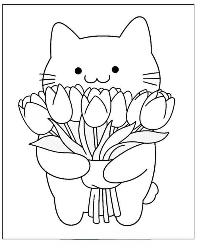 anh-tranh-to-mau-hinh-meo-om-hoa-tulip Ảnh tranh tô màu hình mèo ôm hoa tulip