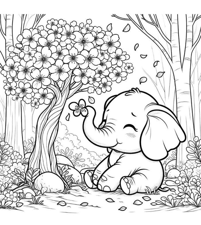 hinh-tranh-to-mau-voi-con-hai-hoa-sieu-cute Hình tranh tô màu voi con hái hoa siêu cute